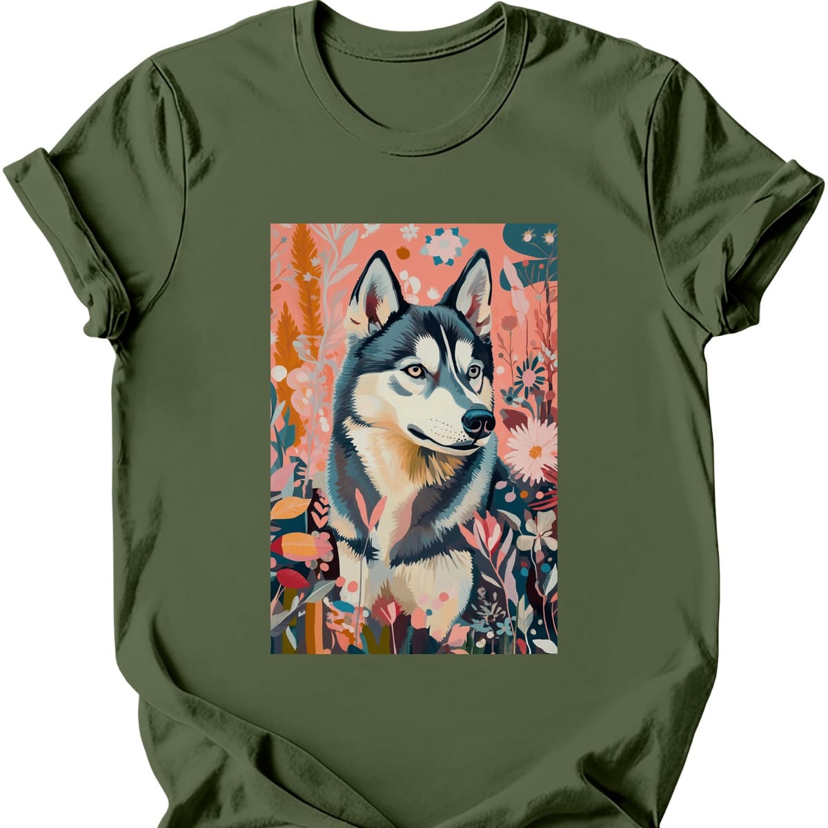Siberian Husky - Boho Dog T-Shirt - Military Green