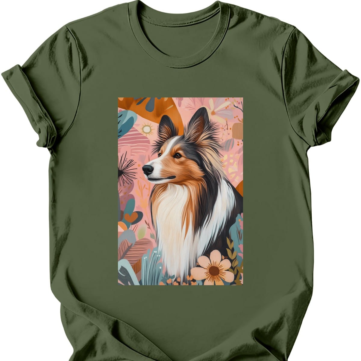 Shetland Sheepdog - Boho Dog T-Shirt - Military Green