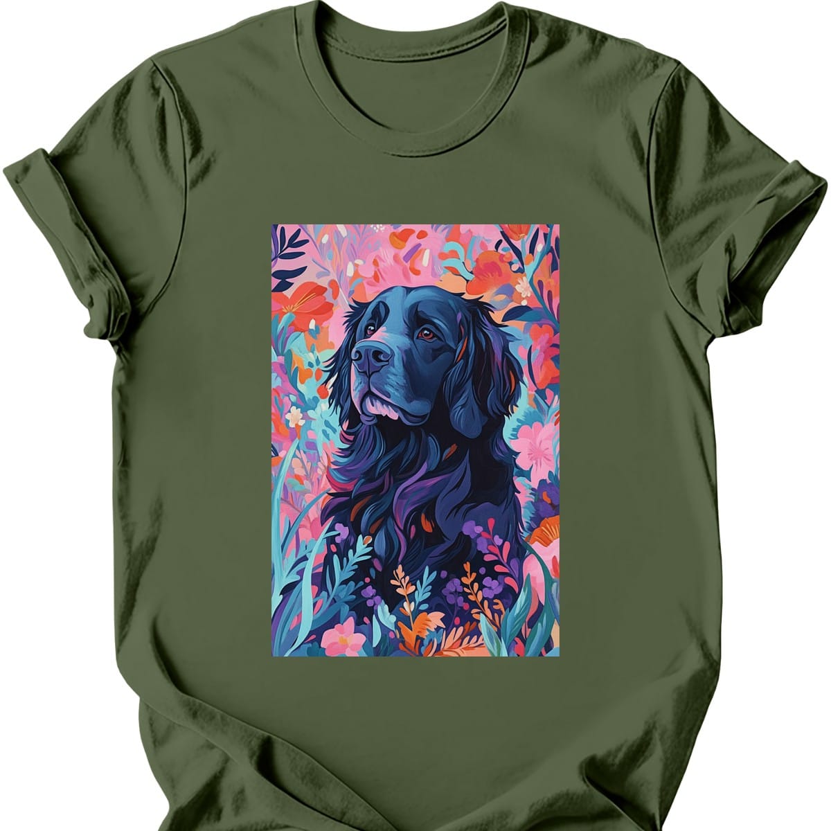 Newfoundland - Boho Dog T-Shirt - Military Green