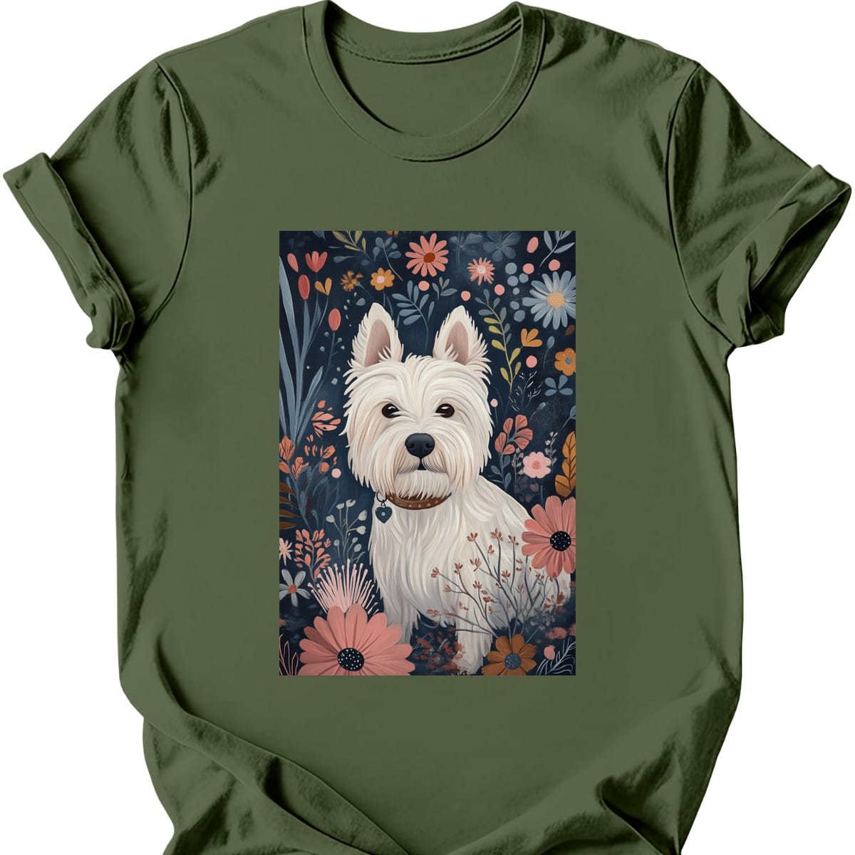 West Highland White Terrier - Boho Dog T-Shirt - Military Green