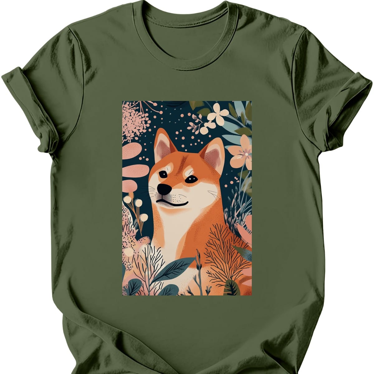 Shiba Inu - Boho Dog T-Shirt - Military Green