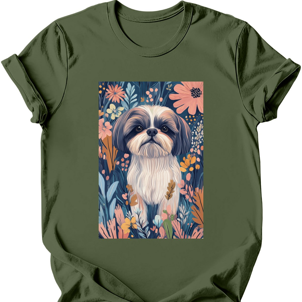 Shih Tzu - Boho Dog T-Shirt - Military Green