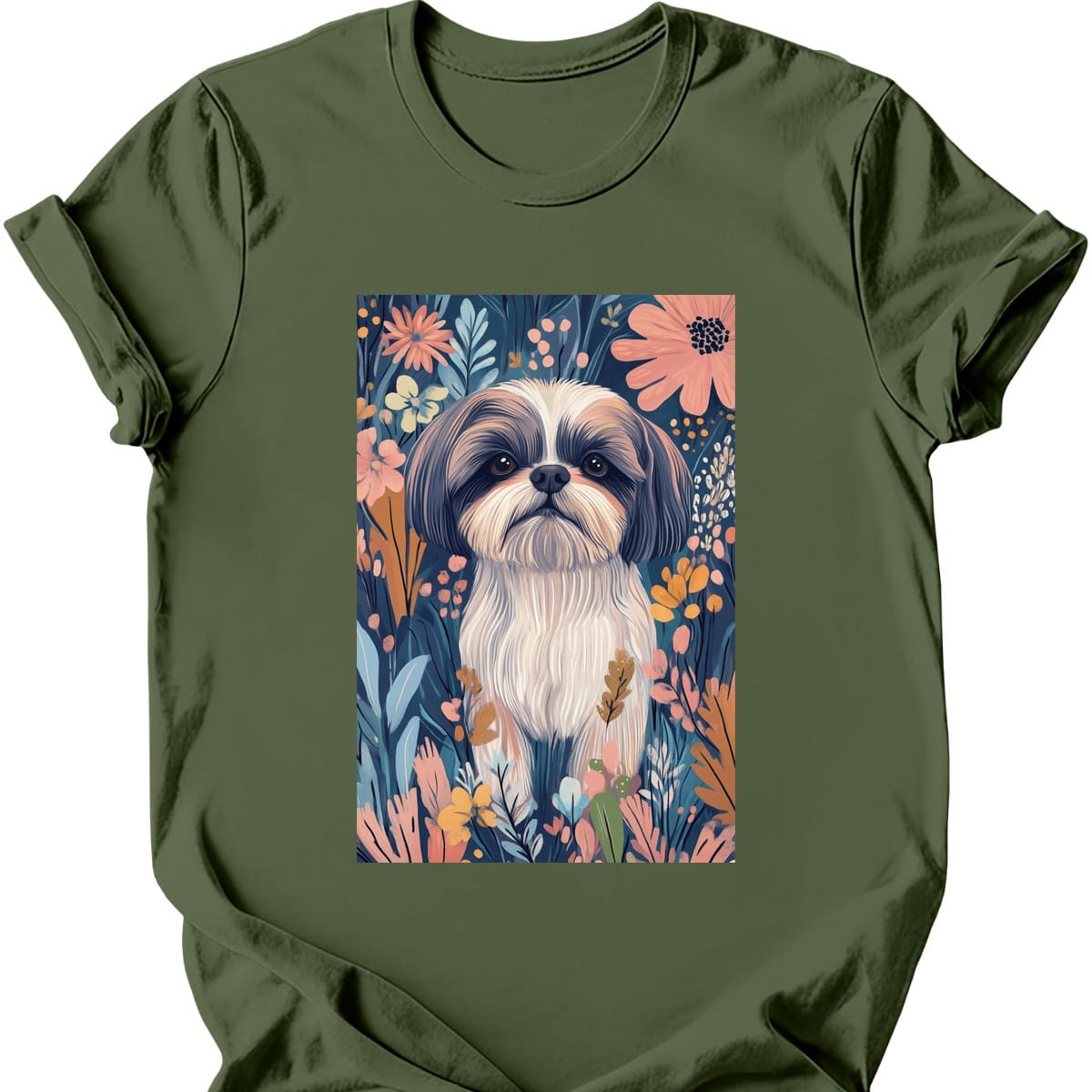 Shih Tzu - Boho Dog T-Shirt - Military Green
