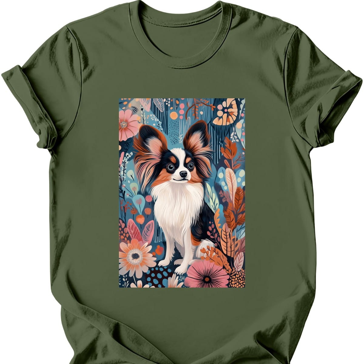 Papillon - Boho Dog T-Shirt - Military Green