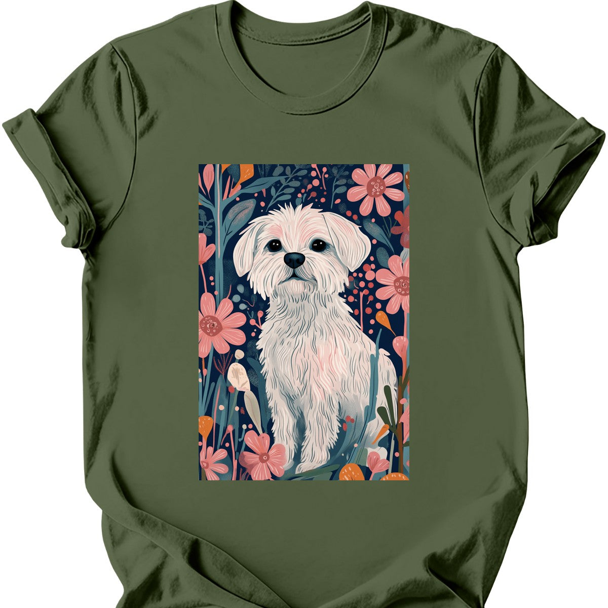 Maltese - Boho Dog T-Shirt - Military Green