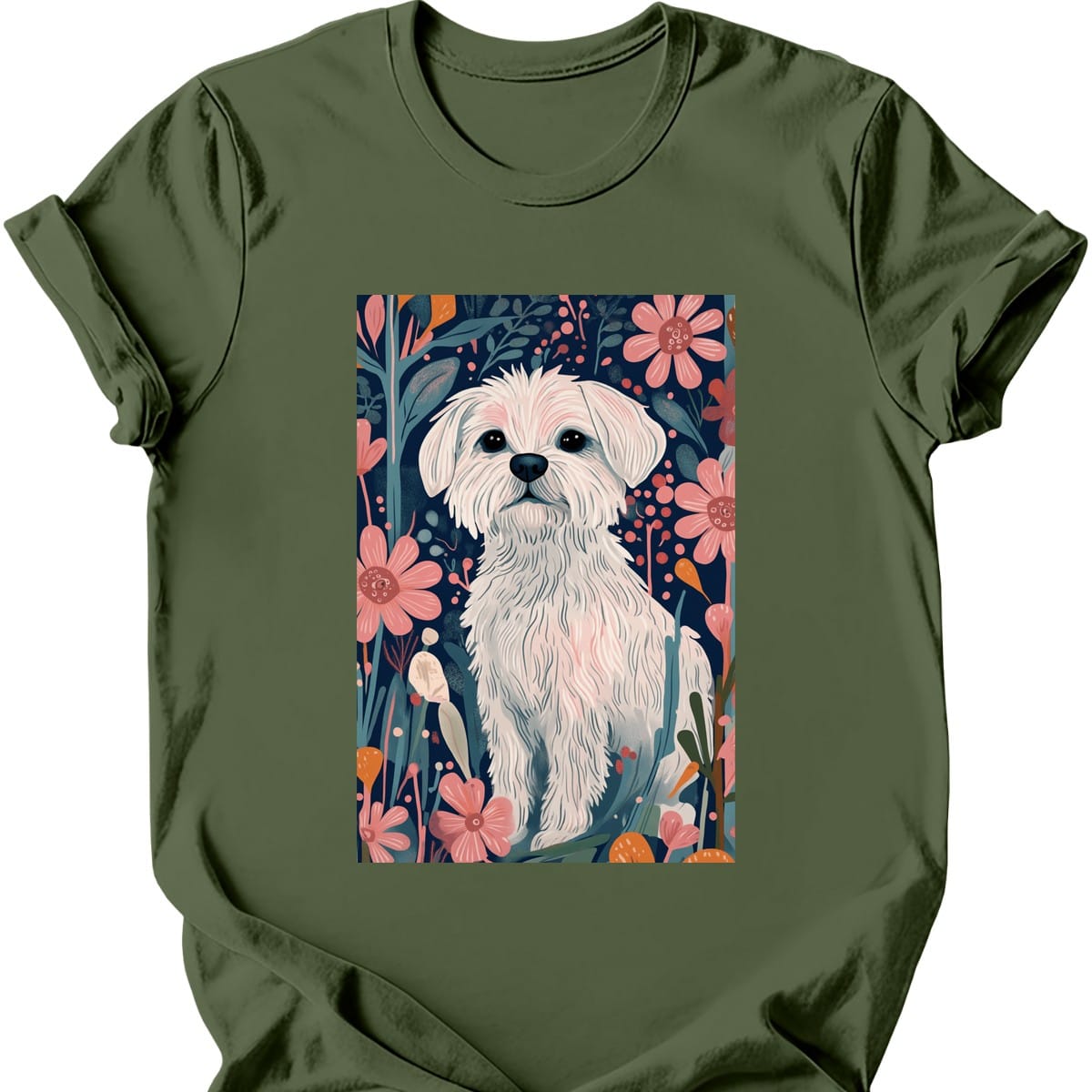 Maltese - Boho Dog T-Shirt - Military Green
