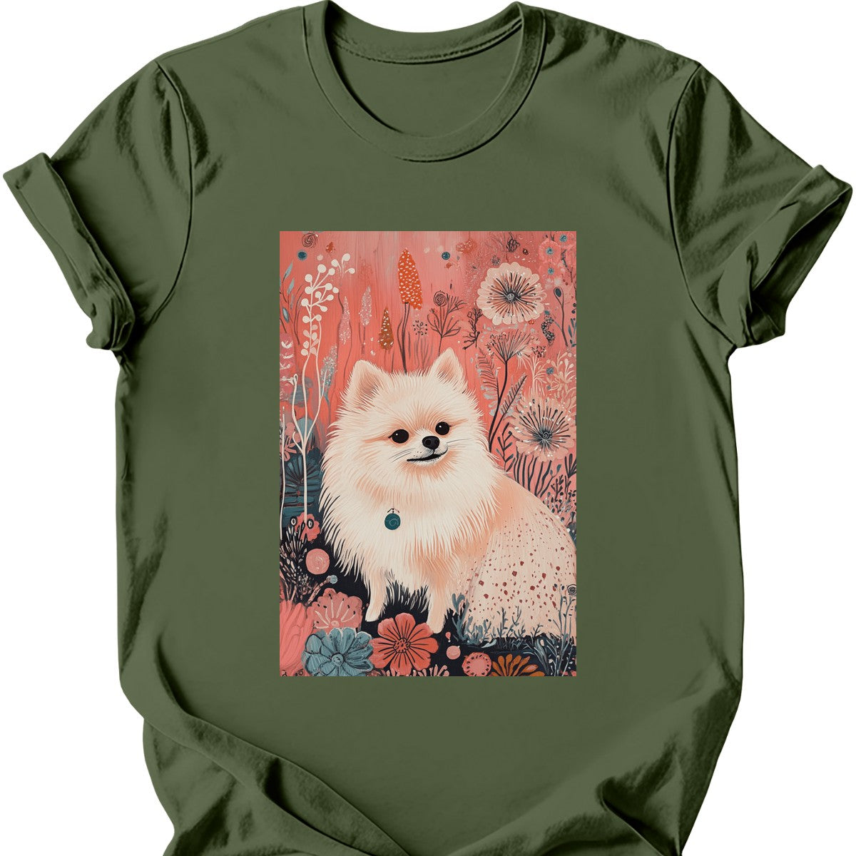 Pomeranian - Boho Dog T-Shirt - Military Green