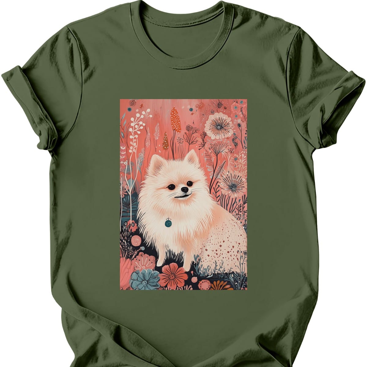 Pomeranian - Boho Dog T-Shirt - Military Green