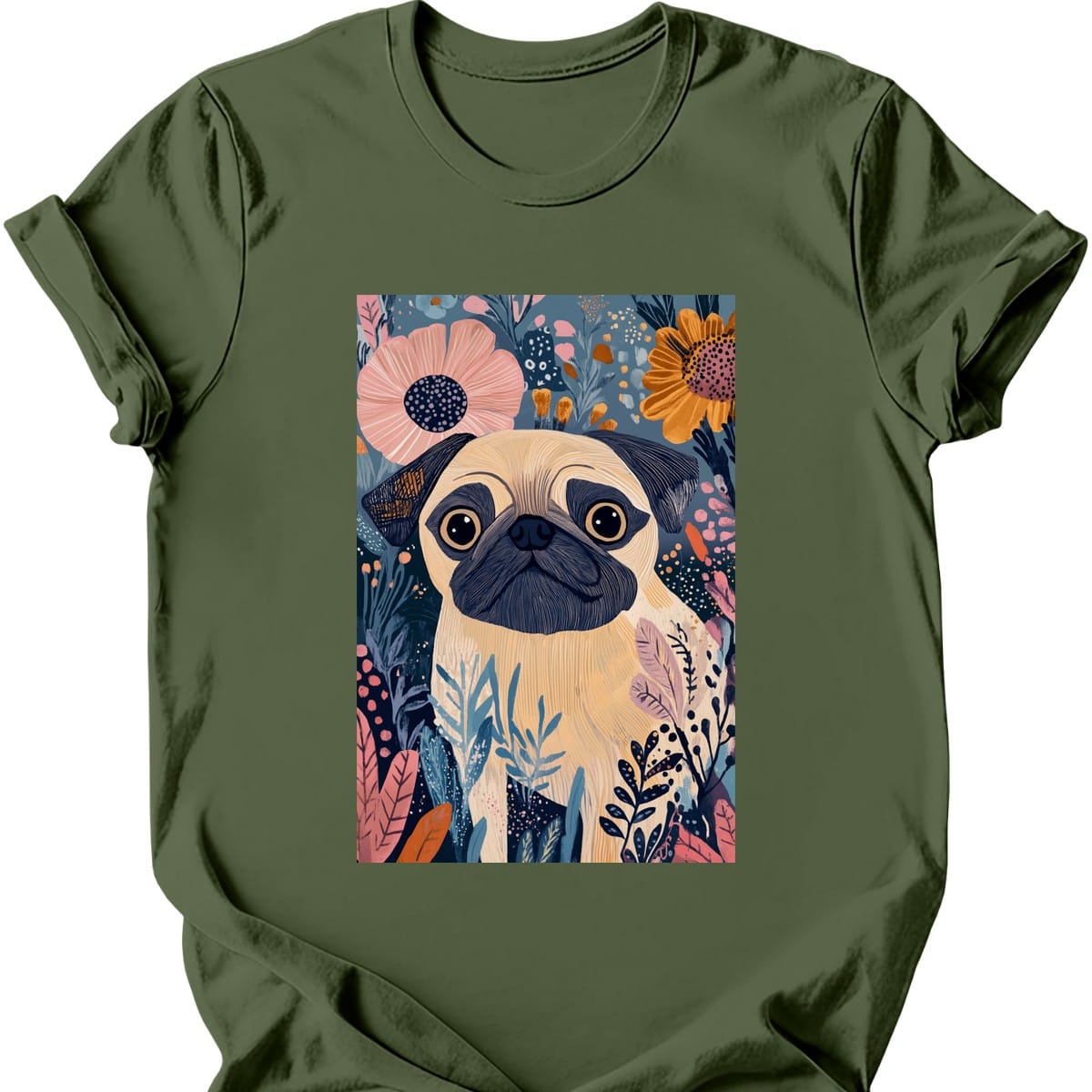 Pug - Boho Dog T-Shirt - Military Green