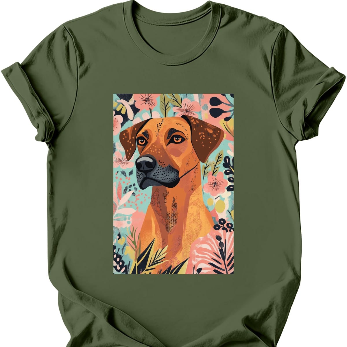 Rhodesian Ridgeback - Boho Dog T-Shirt - Military Green