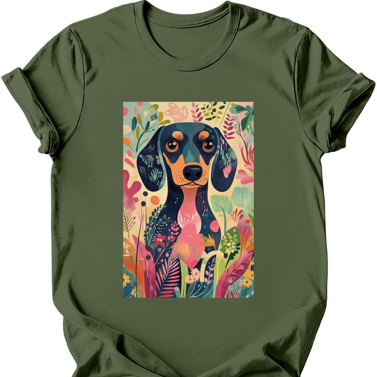 Dachshund - Boho Dog T-Shirt - Military Green