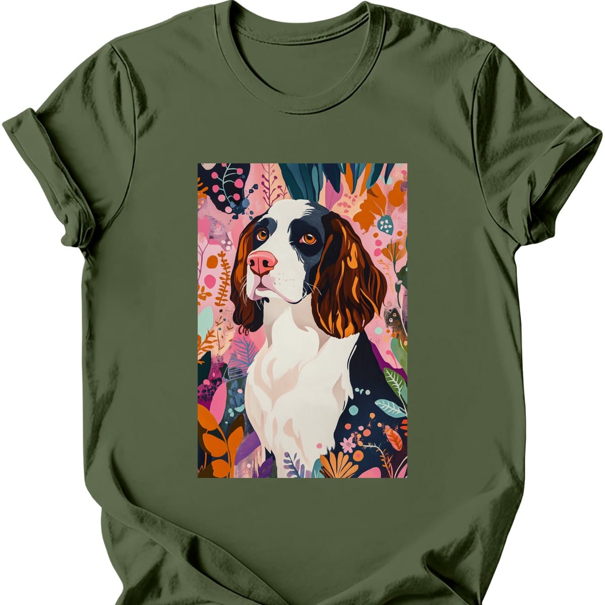English Springer Spaniel - Boho Dog T-Shirt - Military Green