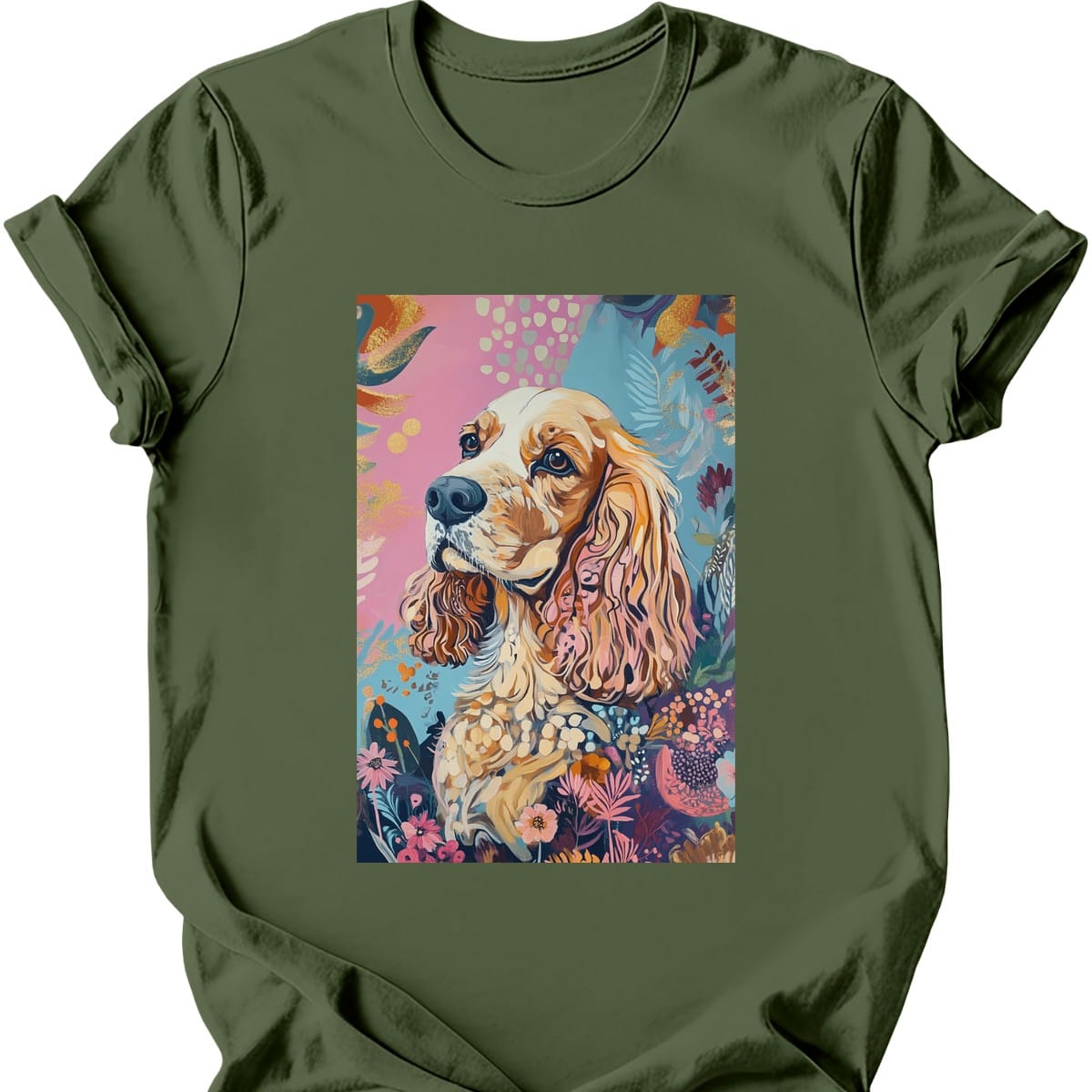 Cocker Spaniel - Boho Dog T-Shirt - Military Green