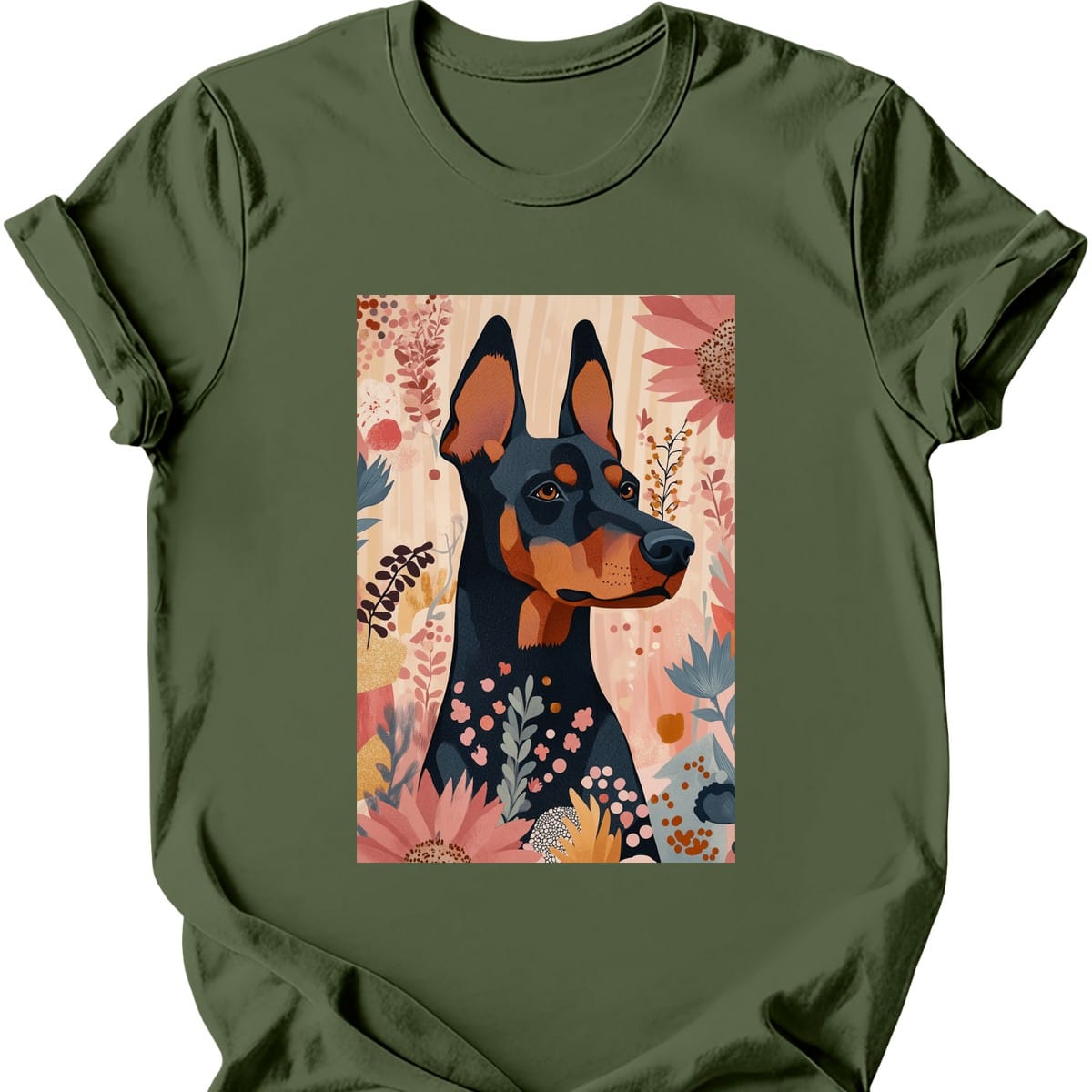 Doberman - Boho Dog T-Shirt - Military Green