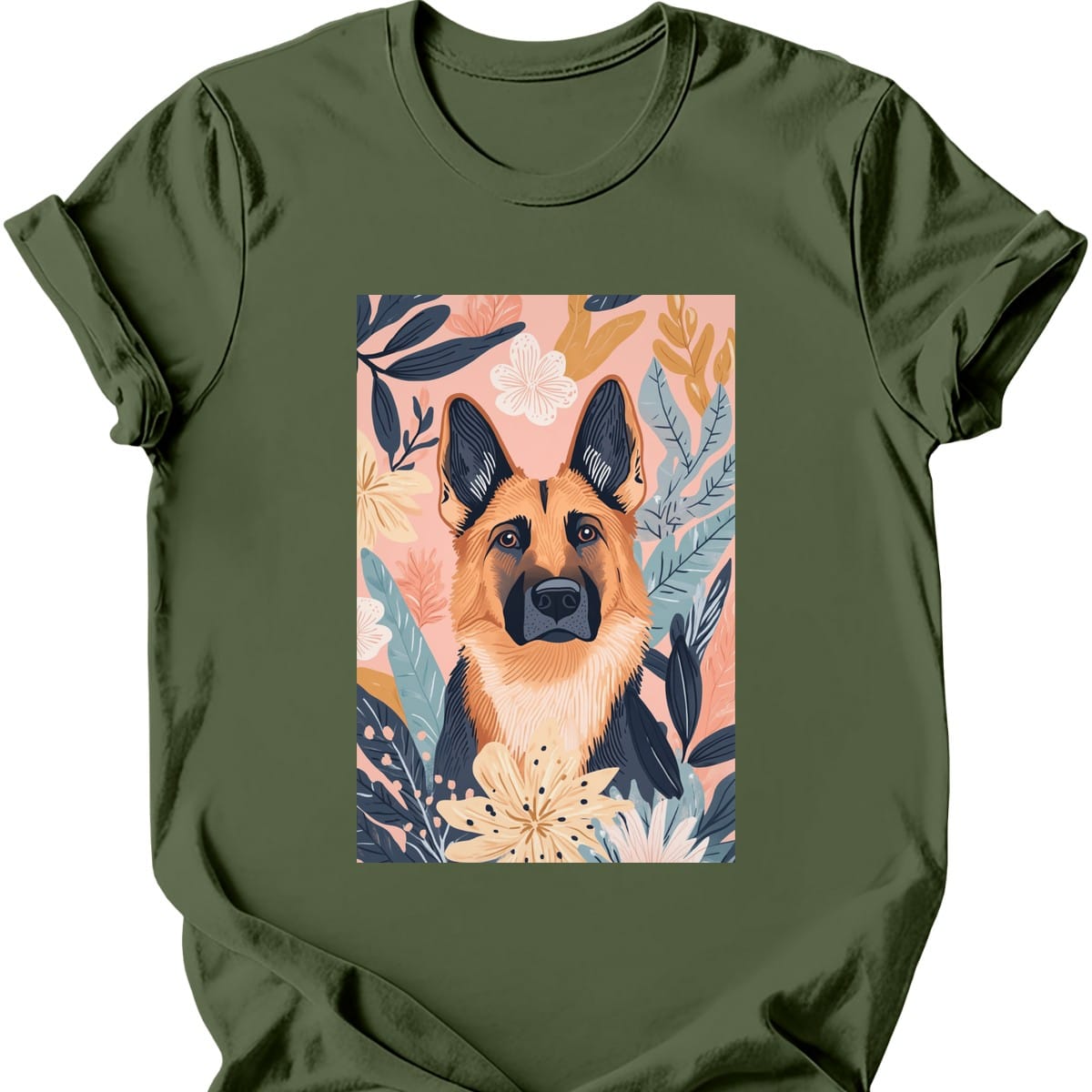 German Shepherd - Boho Dog T-Shirt - Military Green