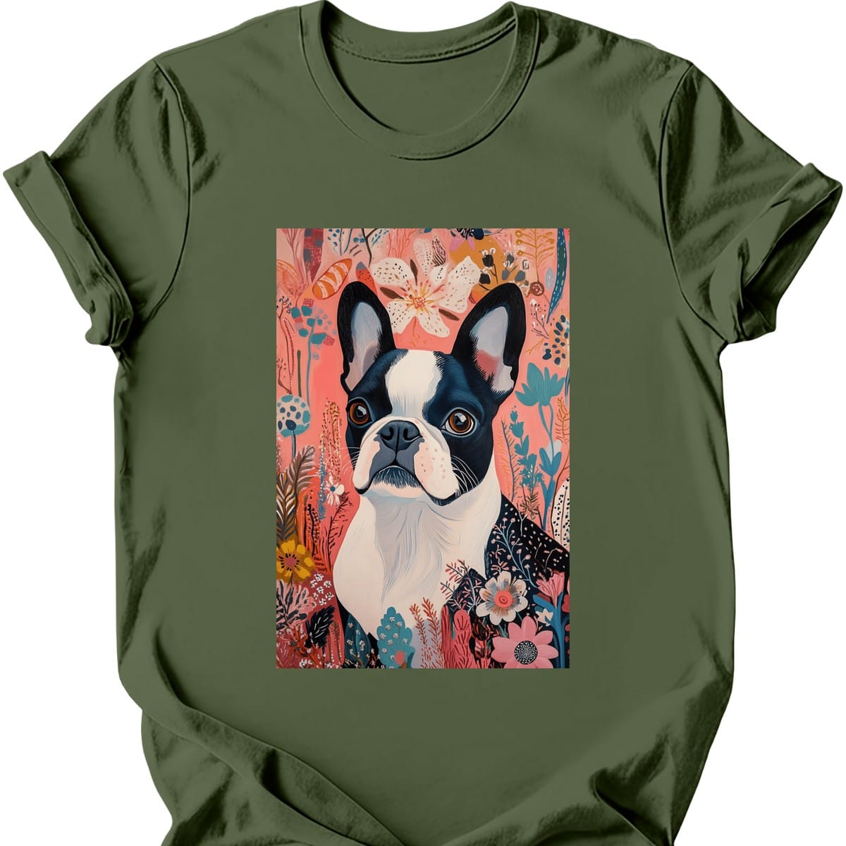 Boston Terrier - Boho Dog T-Shirt - Military Green