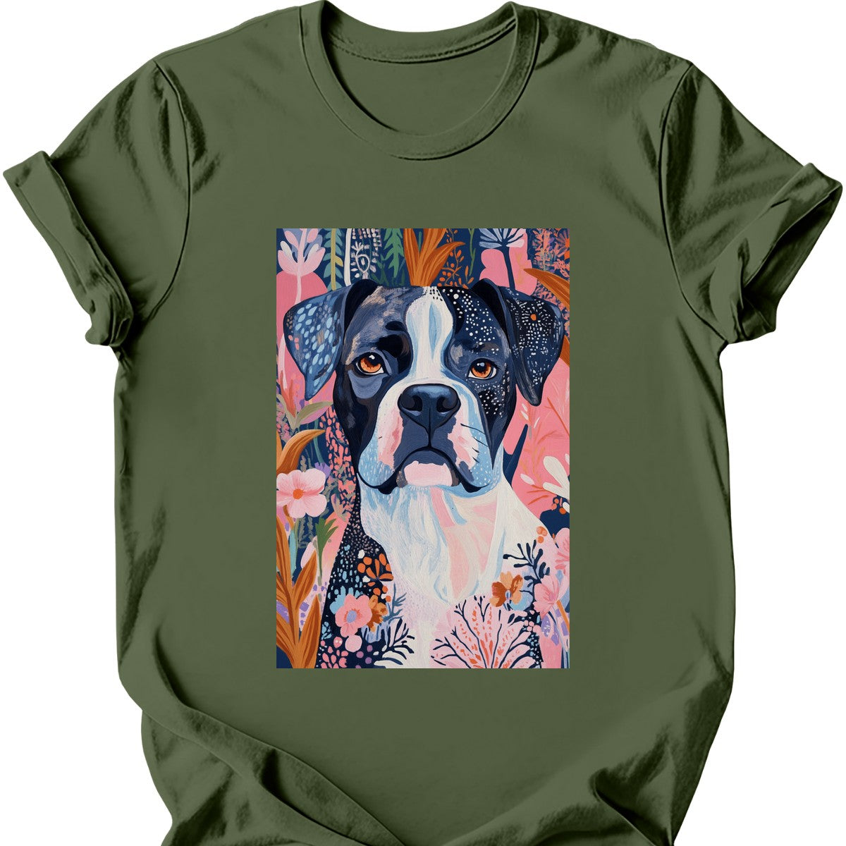 Boxer - Boho Dog T-Shirt - Military Green