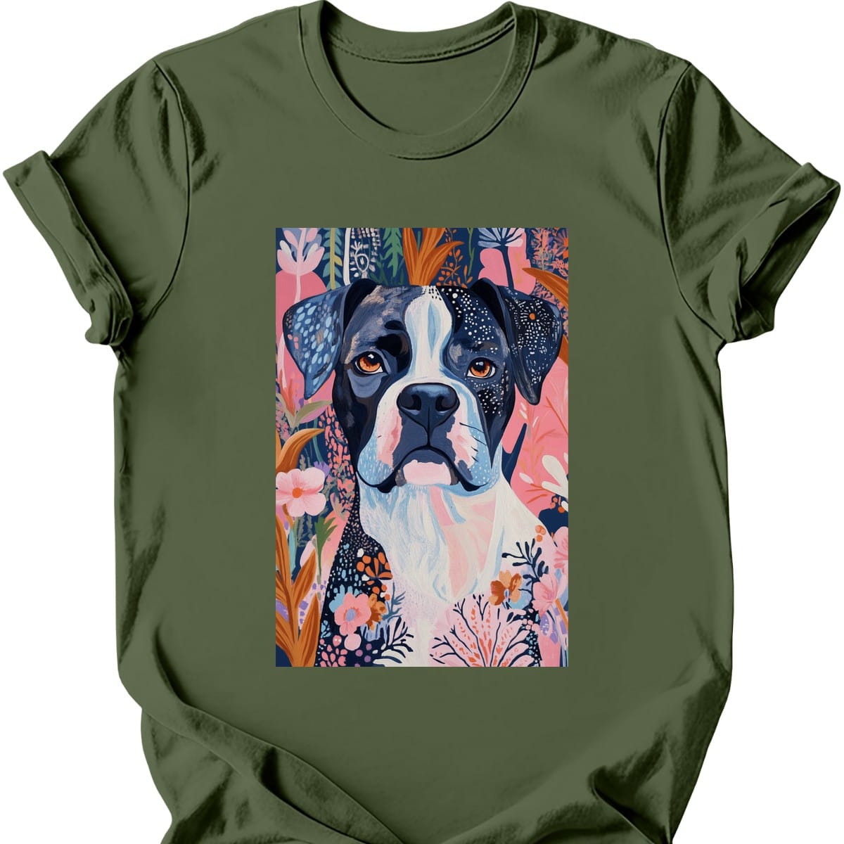 Boxer - Boho Dog T-Shirt - Military Green