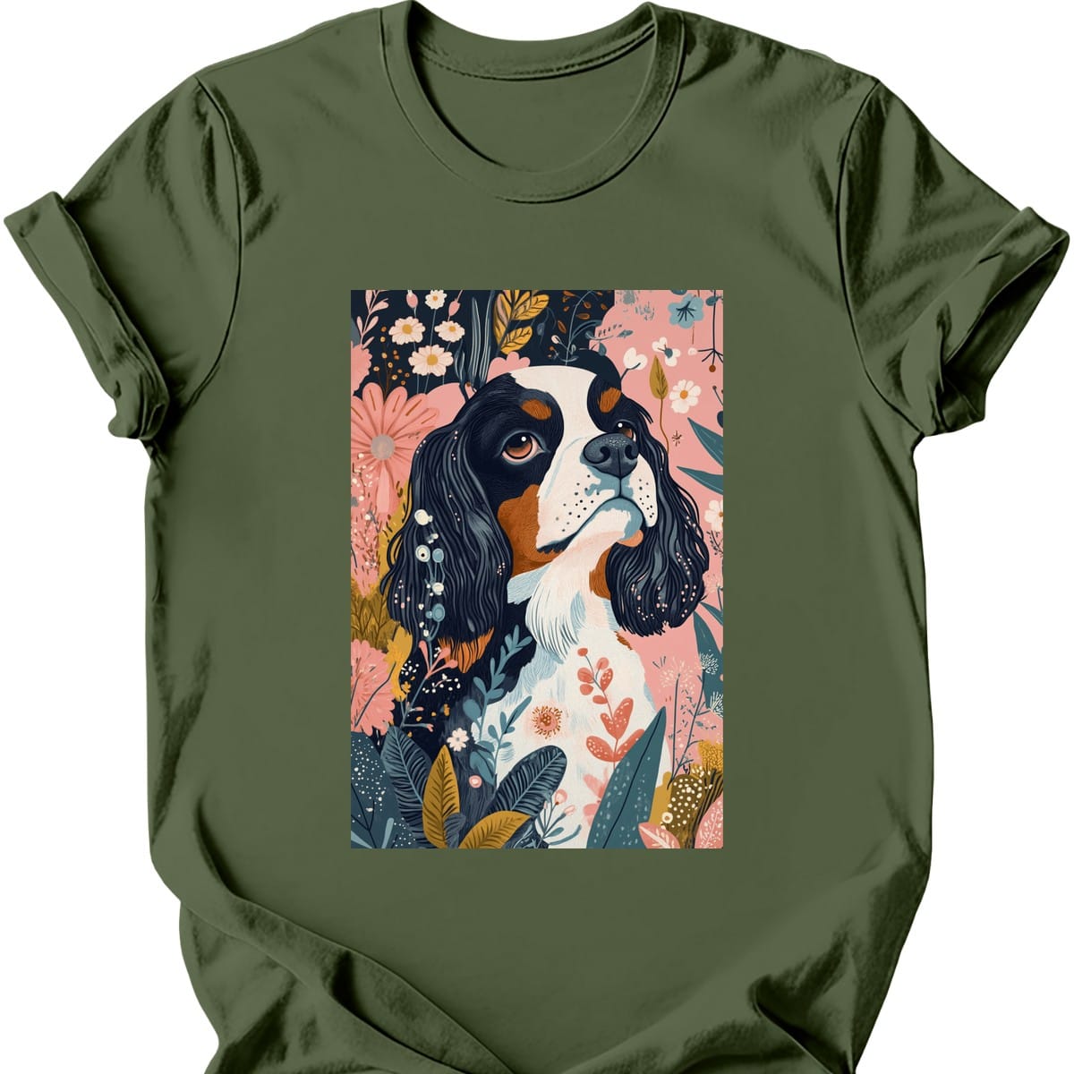 Cavalier King Charles Spaniel - Boho Dog T-Shirt - Military Green