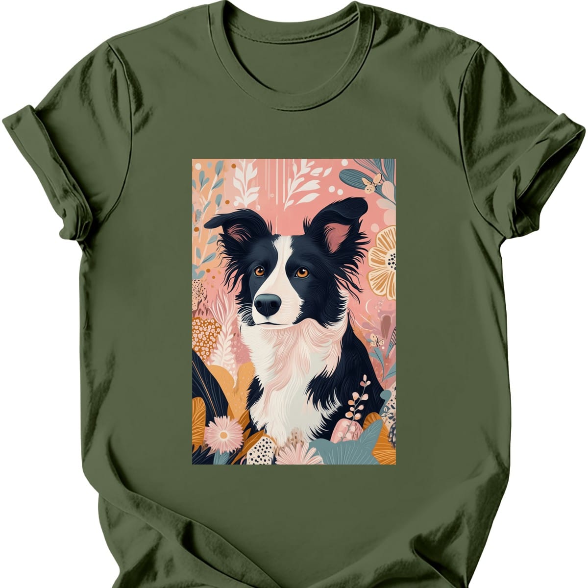 Border Collie - Boho Dog T-Shirt - Military Green