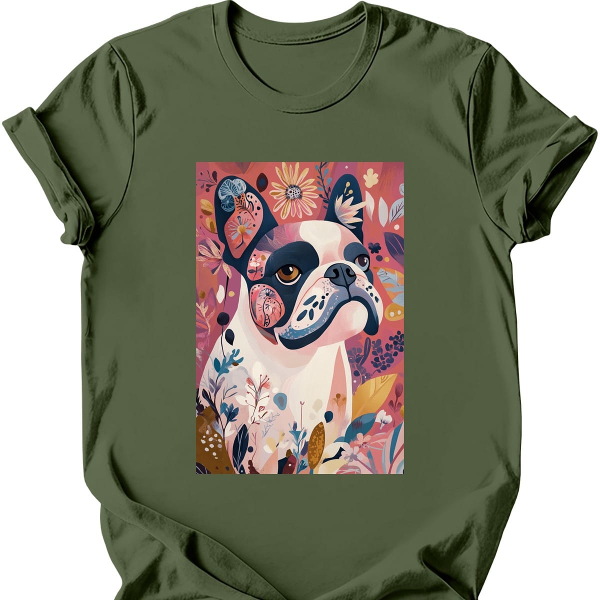 Bulldog - Boho Dog T-Shirt - Military Green