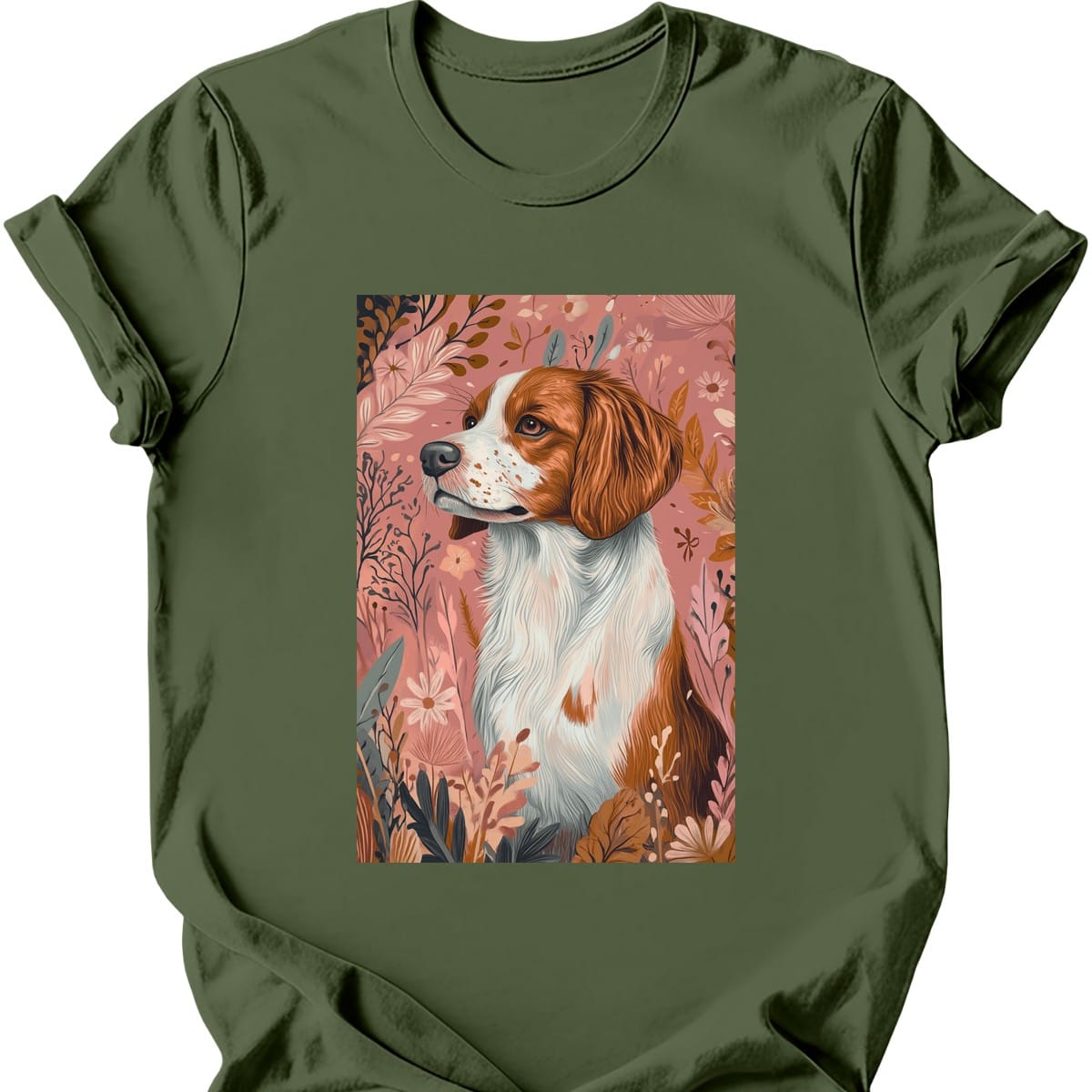 Brittany - Boho Dog T-Shirt - Military Green
