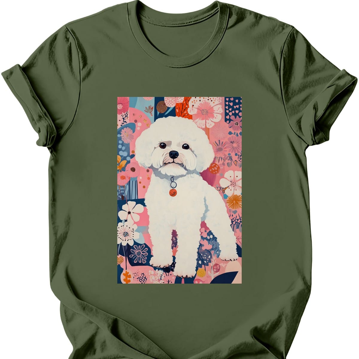 Bichon Frise - Boho Dog T-Shirt - Military Green