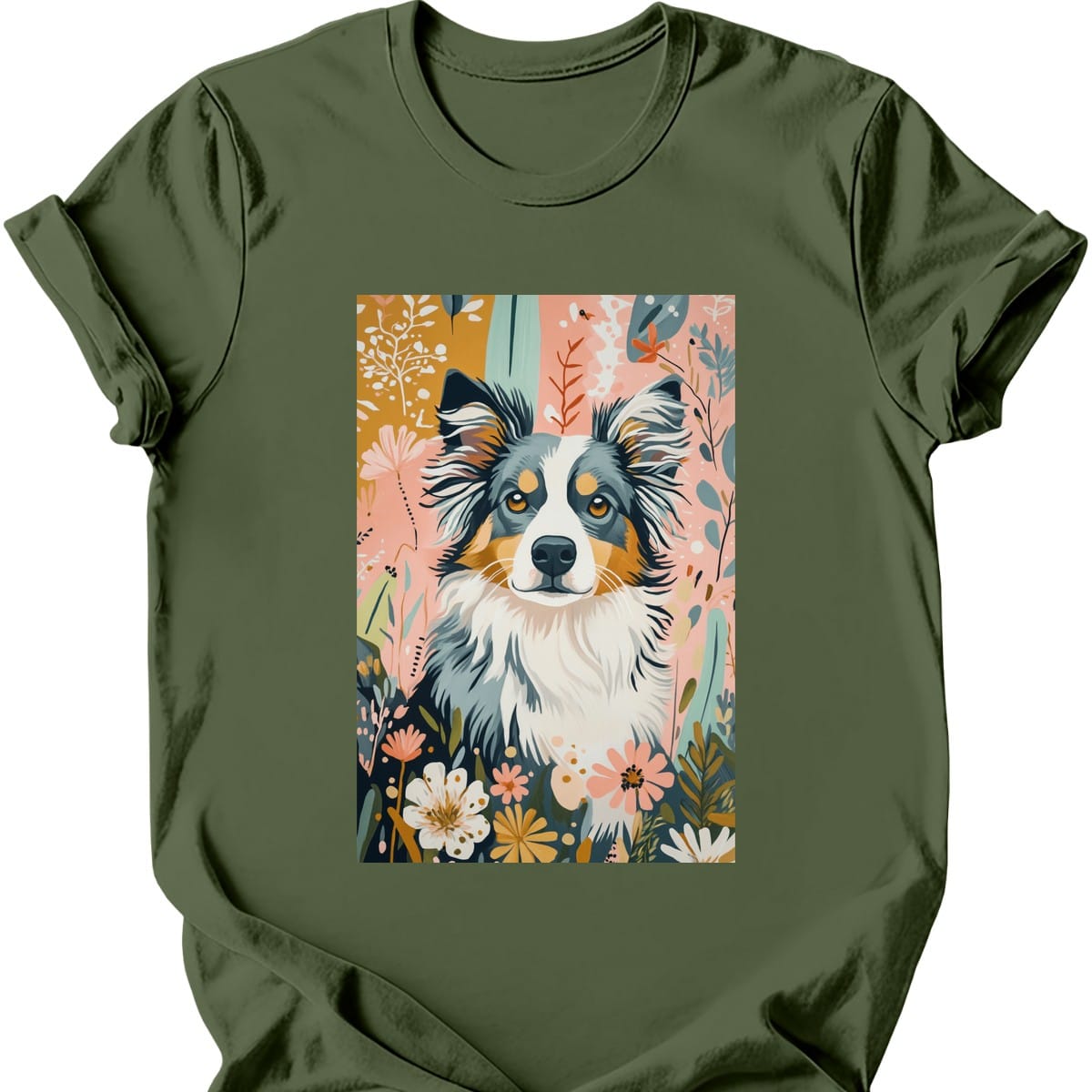 Australian Shepherd - Boho Dog T-Shirt - Military Green