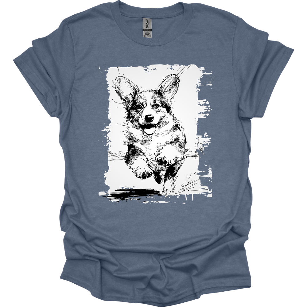 Corgi - Running Dog T-Shirt - Heather Indigo