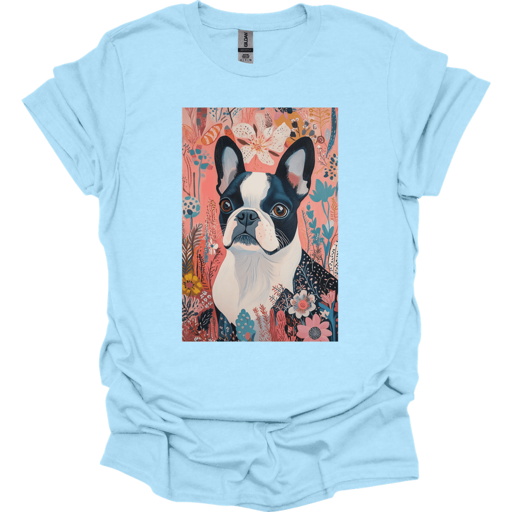 Boston Terrier - Boho Dog T-Shirt - Light Blue