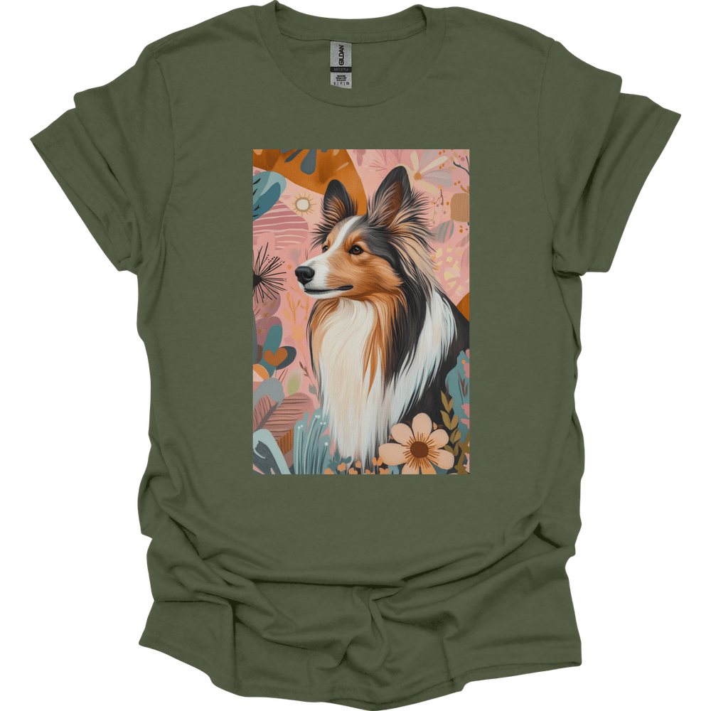 Shetland Sheepdog - Boho Dog T-Shirt - Military Green