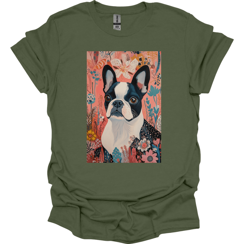 Boston Terrier - Boho Dog T-Shirt - Military Green