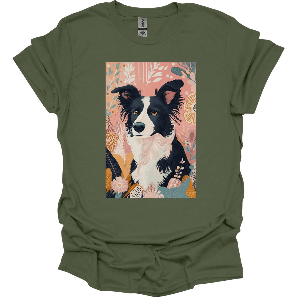 Border Collie - Boho Dog T-Shirt - Military Green