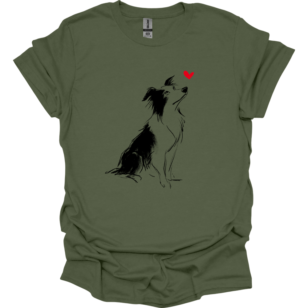 Border Collie - Sketch Dog T-Shirt - Military Green