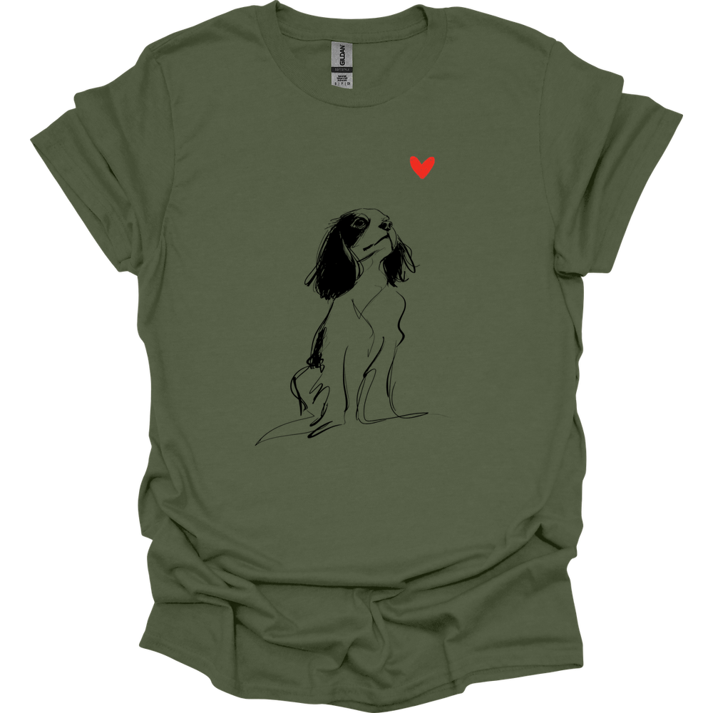 Cavalier King Charles Spaniel - Sketch Dog T-Shirt - Military Green