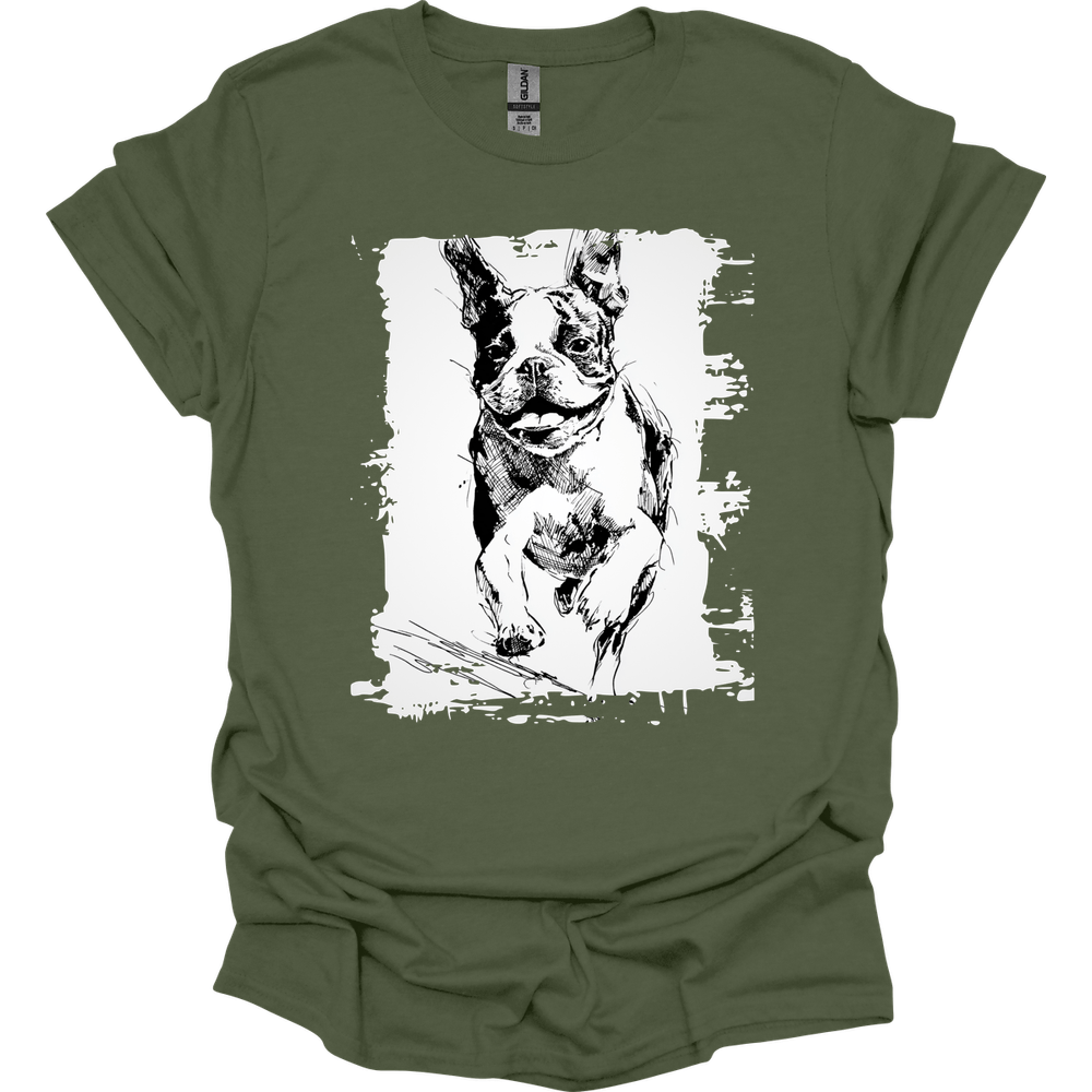 Boston Terrier - Running Dog T-Shirt - Military Green