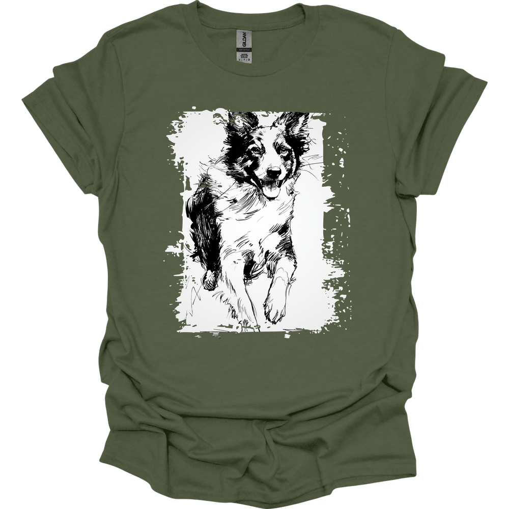 Border Collie - Running Dog T-Shirt - Military Green