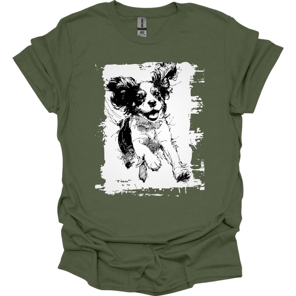 Cavalier King Charles Spaniel - Running Dog T-Shirt - Military Green