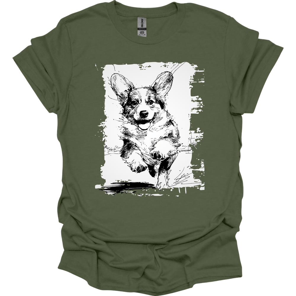 Corgi - Running Dog T-Shirt - Military Green