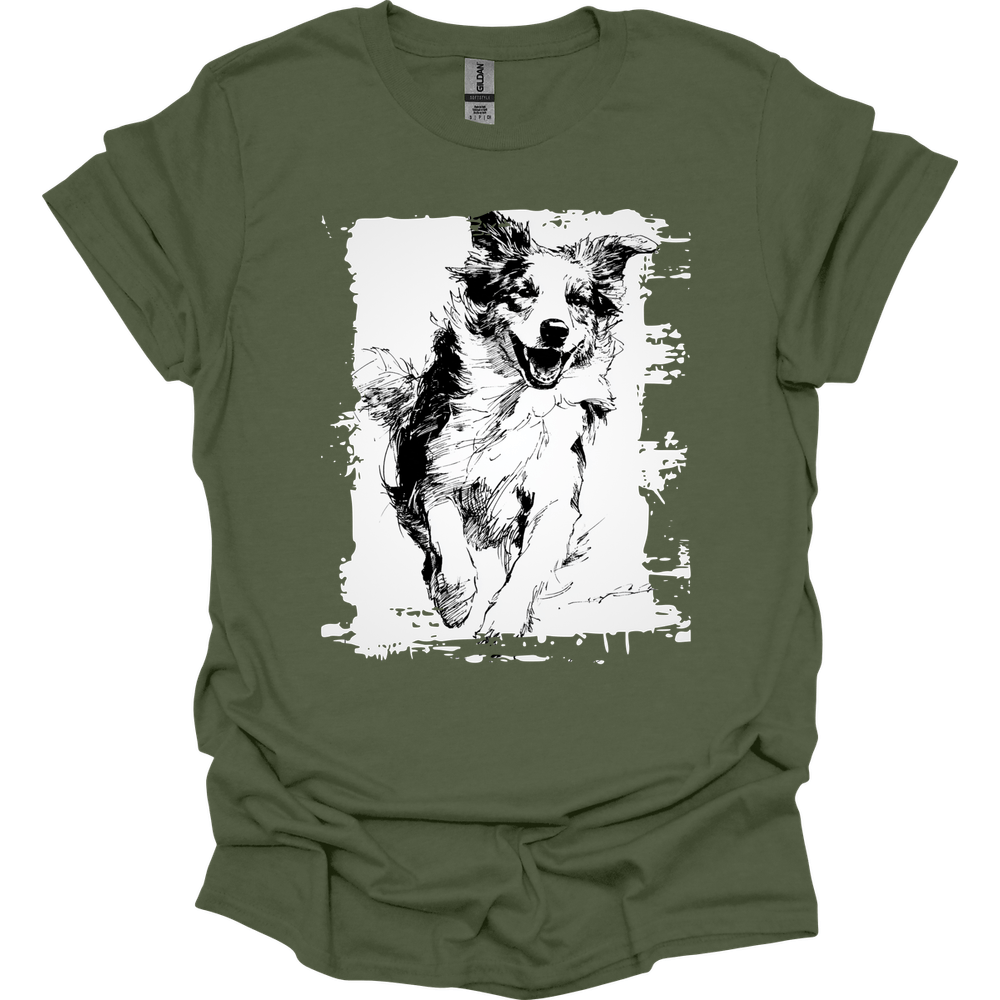 Australian Shepherd - Running Dog T-Shirt - Military Green