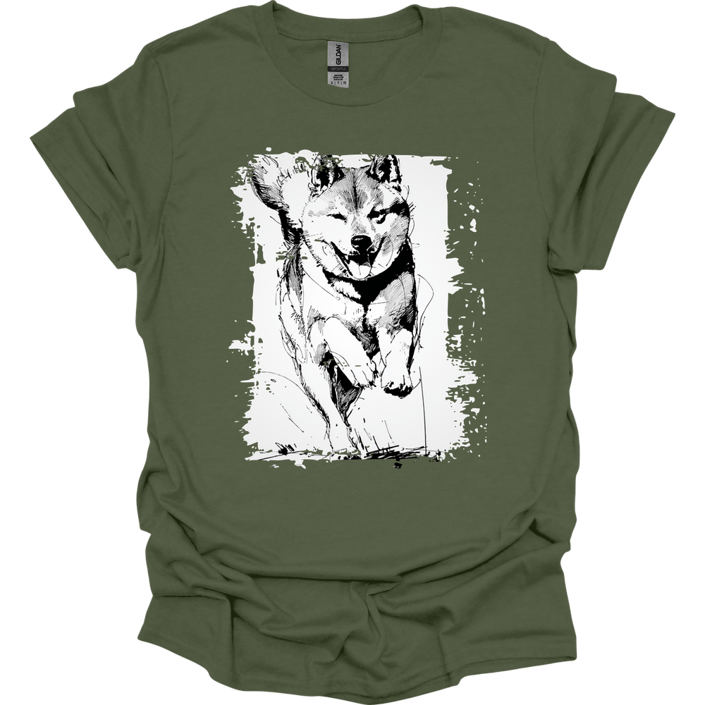 Shiba Inu - Running Dog T-Shirt - Military Green