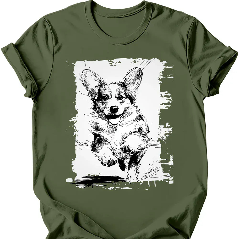 Corgi - Running Dog T-Shirt - Military Green