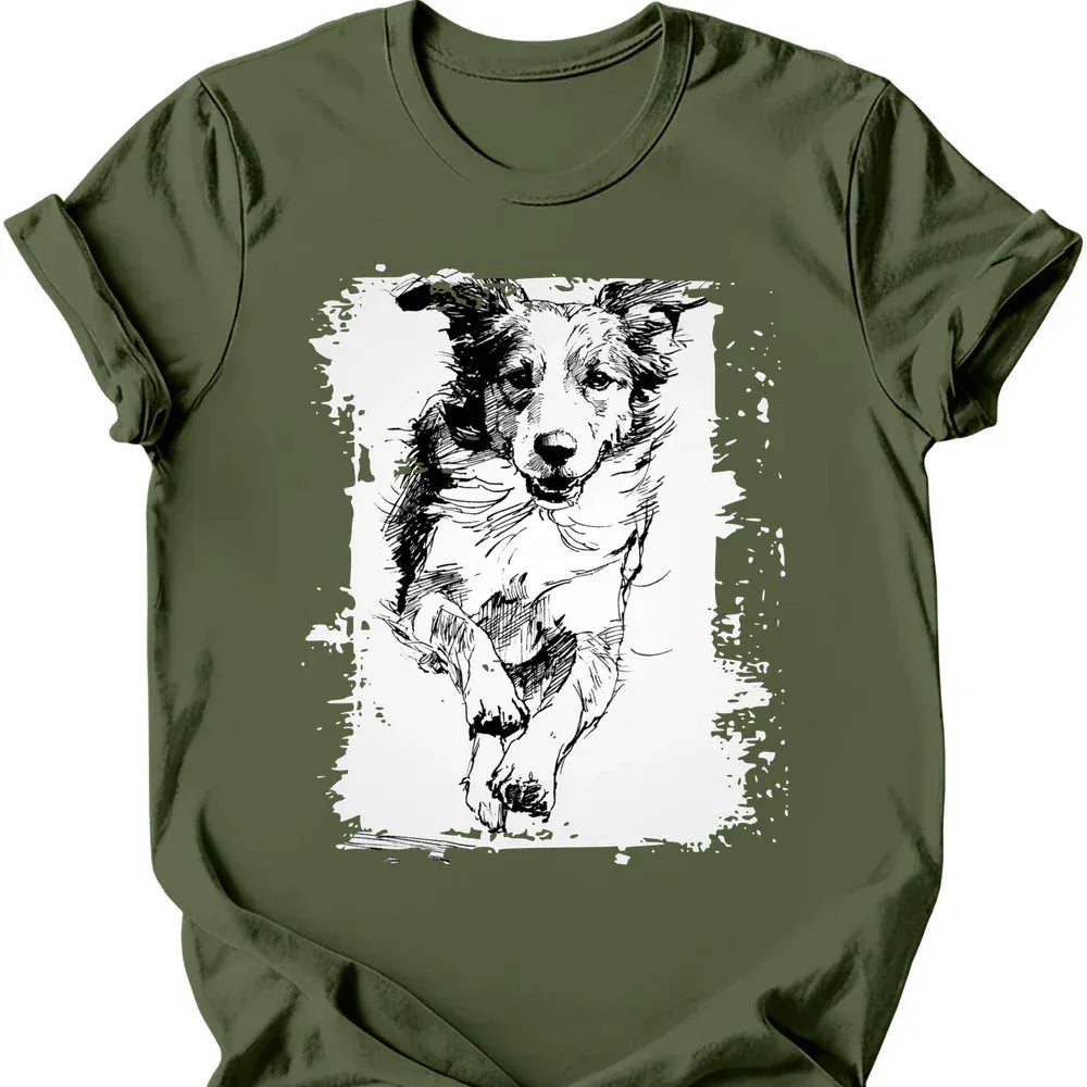 Brittany - Running Dog T-Shirt - Military Green