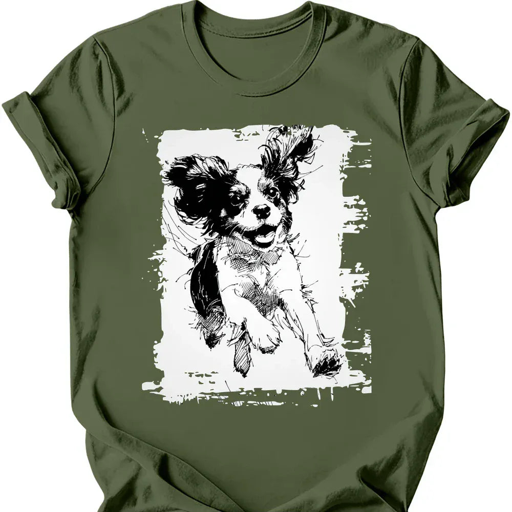 Cavalier King Charles Spaniel - Running Dog T-Shirt - Military Green