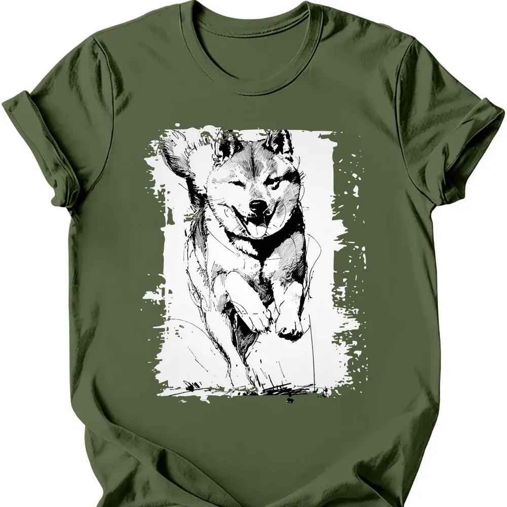 Shiba Inu - Running Dog T-Shirt - Military Green