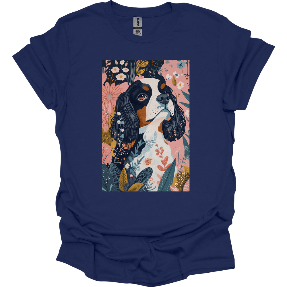 Cavalier King Charles Spaniel - Boho Dog T-Shirt - Navy