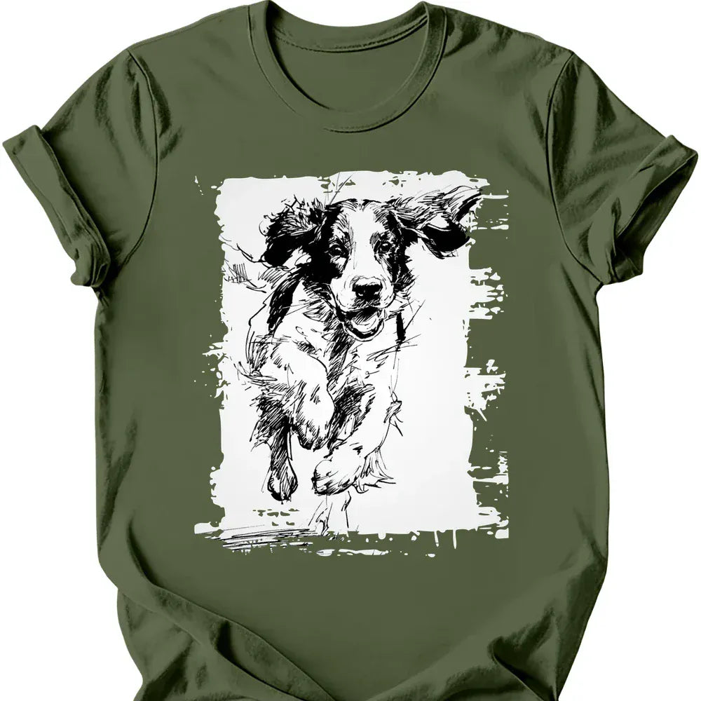 English Springer Spaniel running dog tee military green