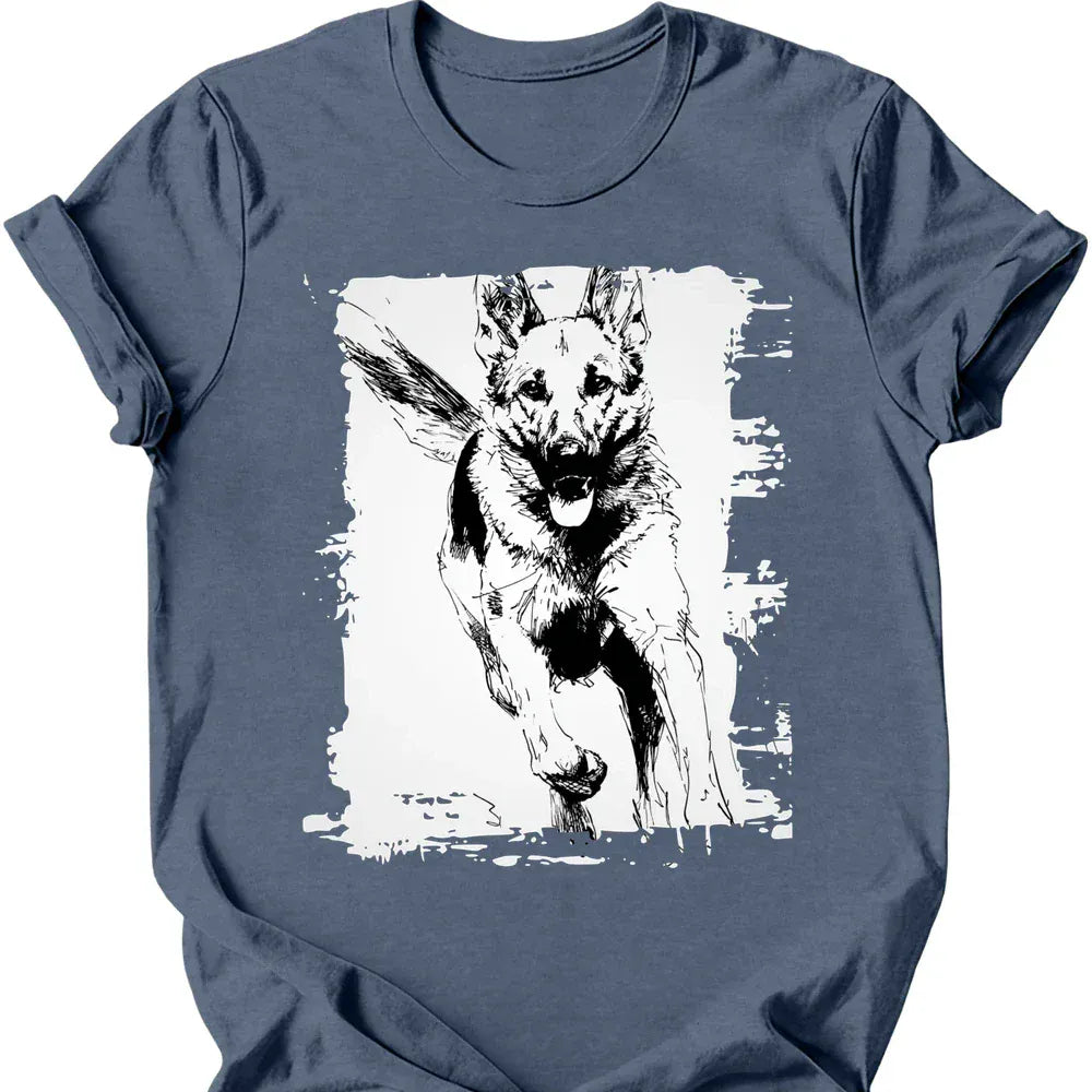 German Shepherd running dog tee heather indigo