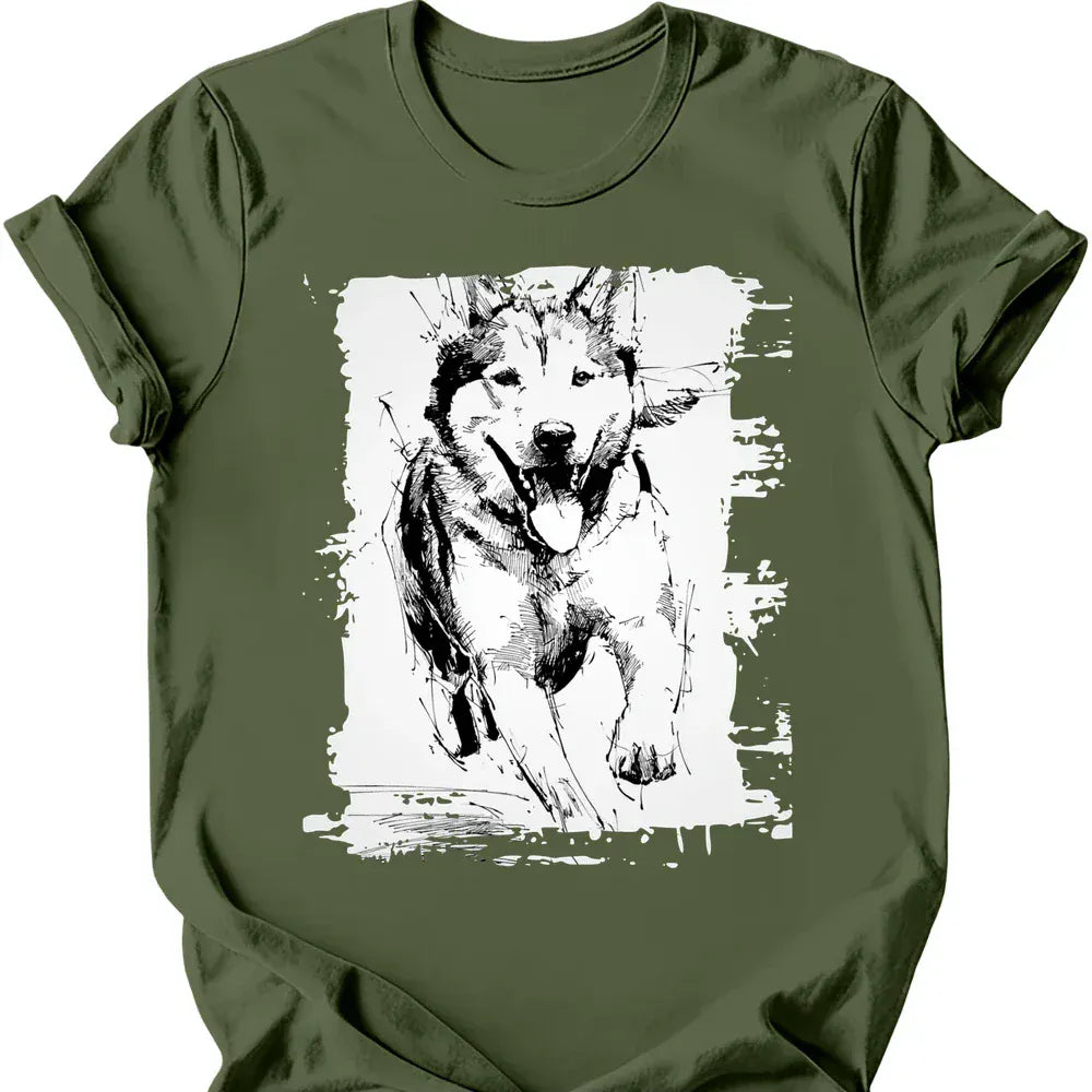 Siberian Husky running dog tee military green