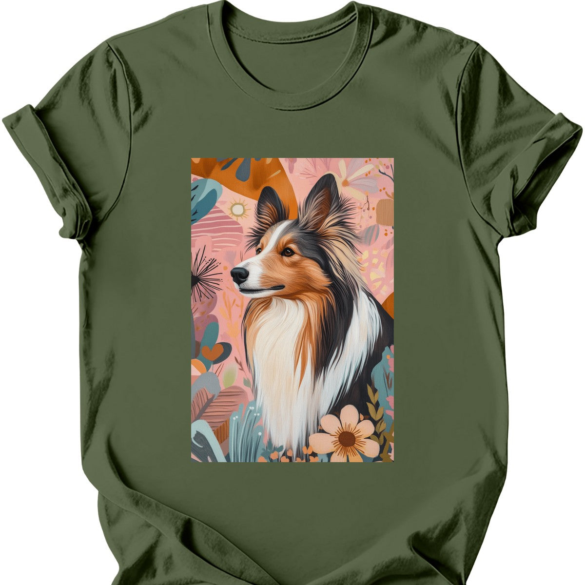 Shetland Sheepdog - Boho Dog T-Shirt - Military Green